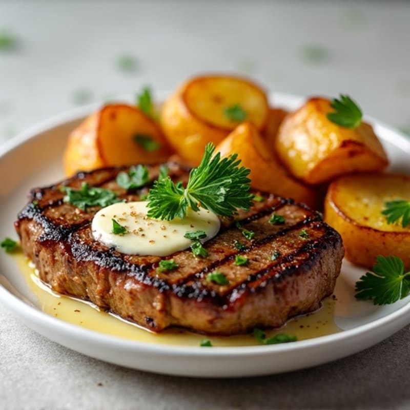 Pan-Seared Steak with Garlic Herb Butter and Crispy Roasted Potatoes