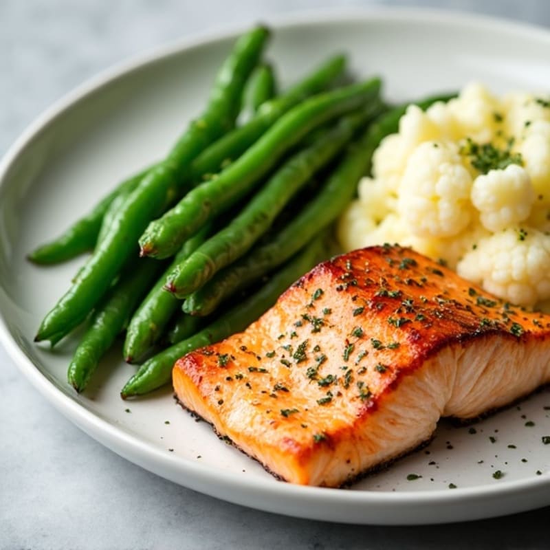 Seared Salmon with Steamed Green Beans and Garlic Mashed Cauliflower