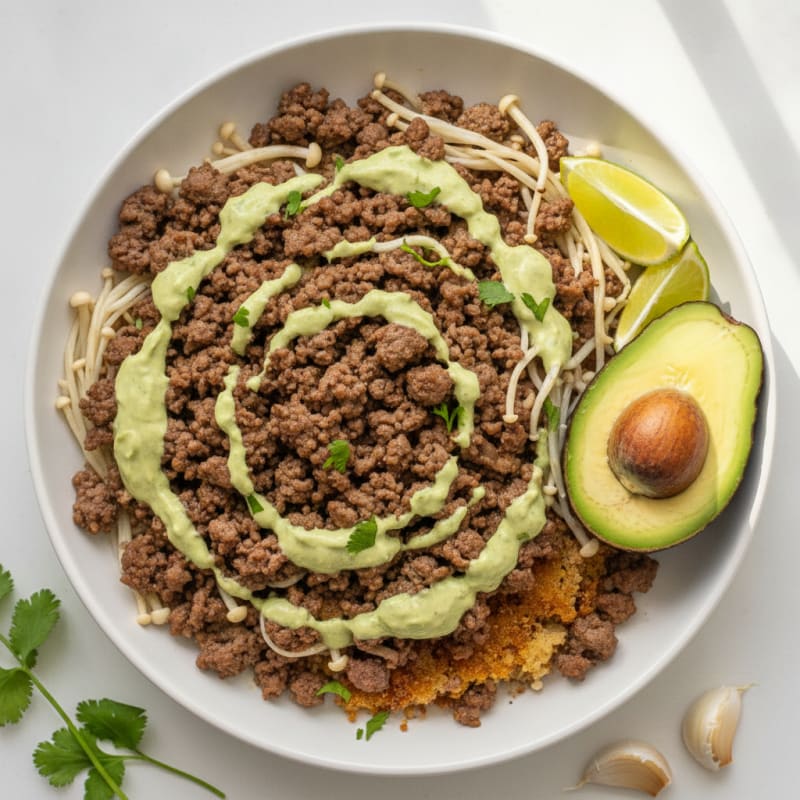 Ground Beef Enoki Mushroom Bowl with Avocado-Lime Dressing