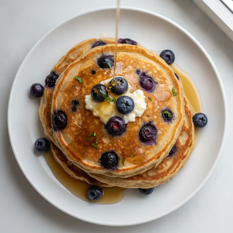 Blueberry Ricotta Pancakes with Maple Syrup