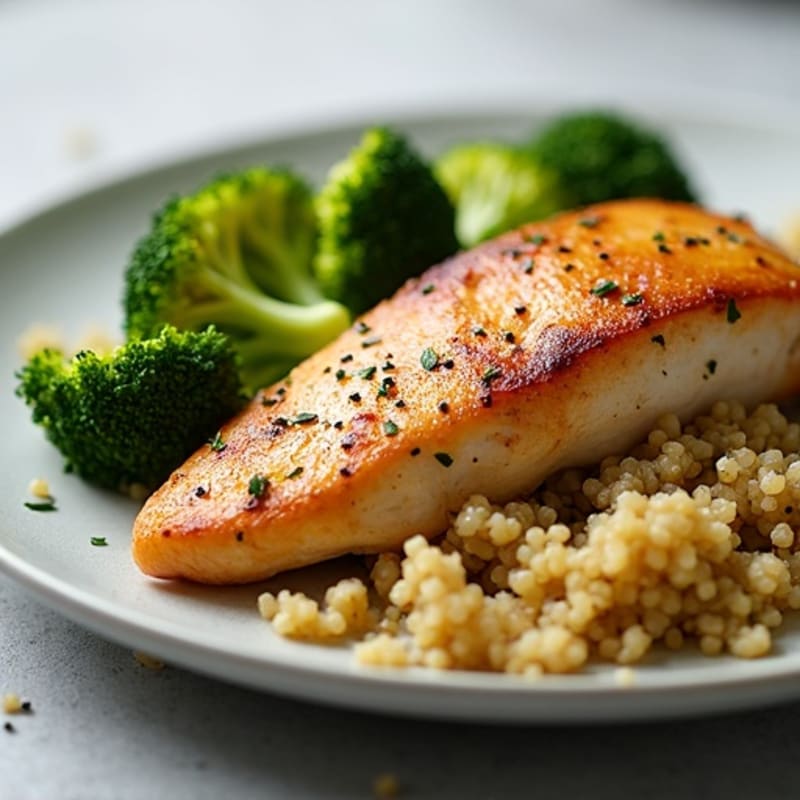 Seared Chicken Breast with Roasted Broccoli and Garlic Quinoa