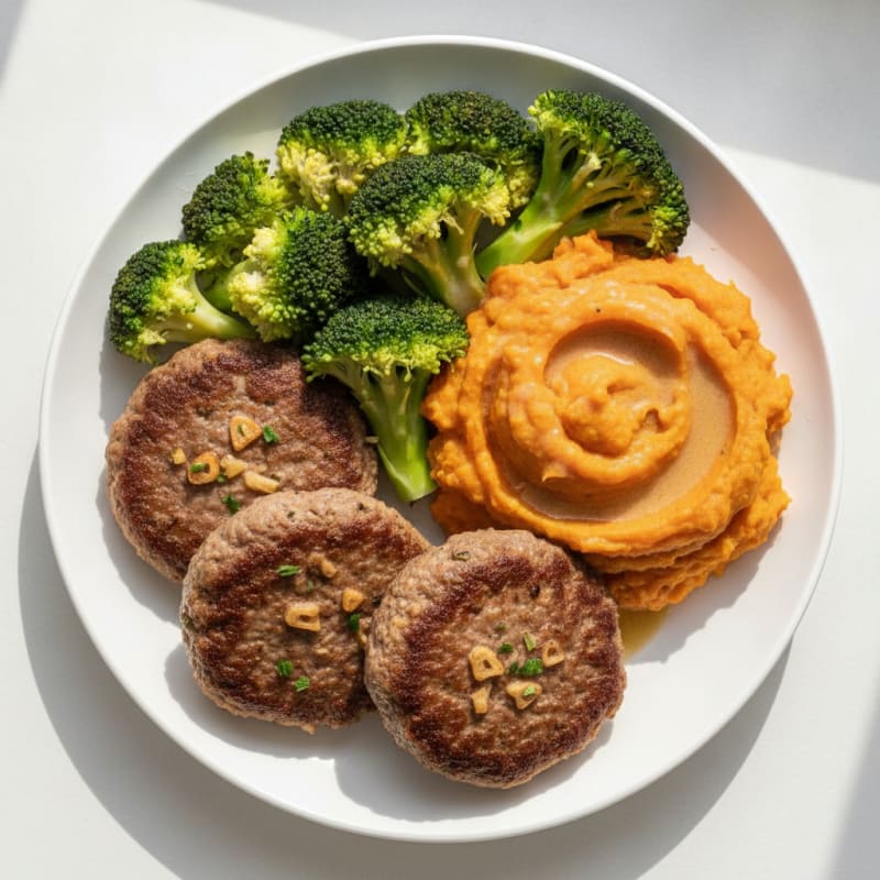 Seared Ground Beef Patties with Steamed Broccoli and Sweet Potato Mash