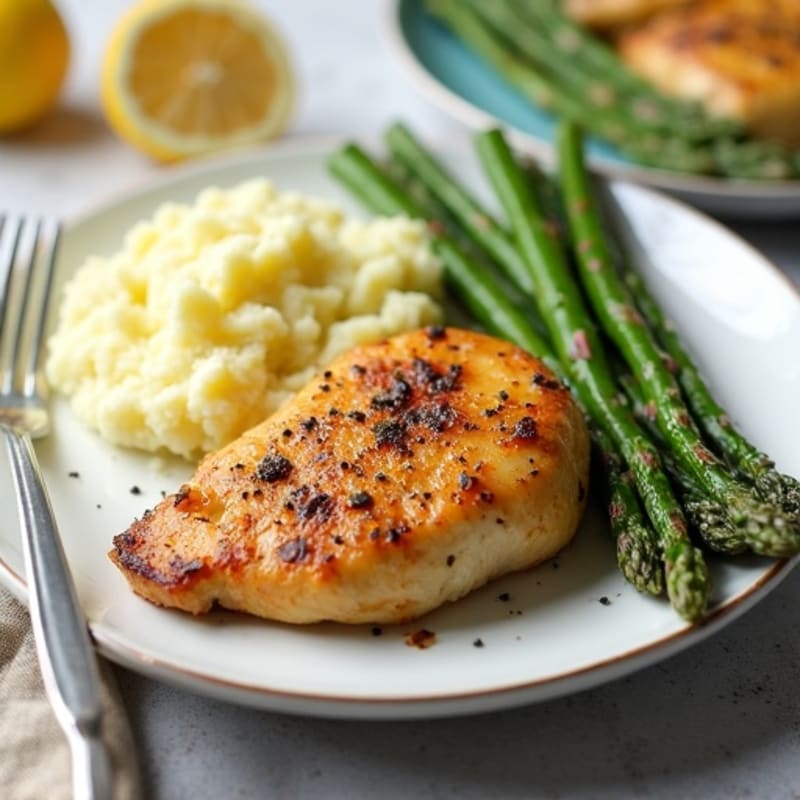 Pan-Seared Lemon-Garlic Chicken with Creamy Garlic Mashed Potatoes and Roasted Asparagus