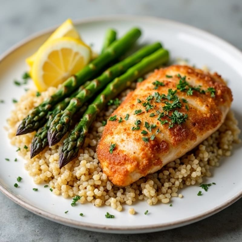 Crispy Lemon Herb Chicken with Roasted Asparagus and Quinoa