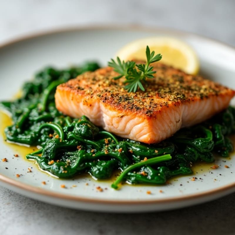Herb-Crusted Salmon with Garlic Sautéed Spinach