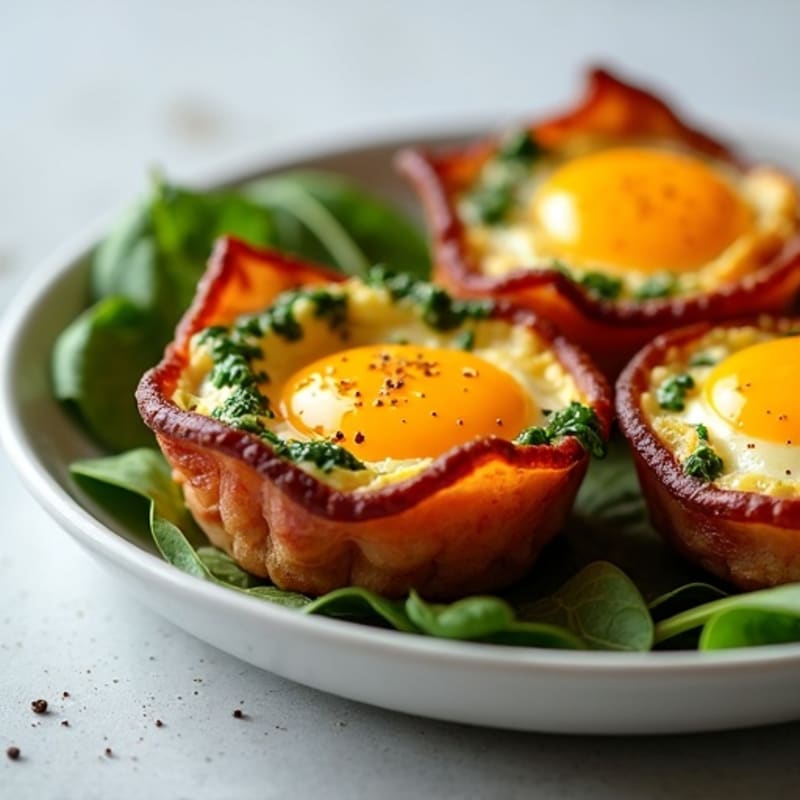 Baked Egg and Crispy Turkey Bacon Cups with Fresh Spinach