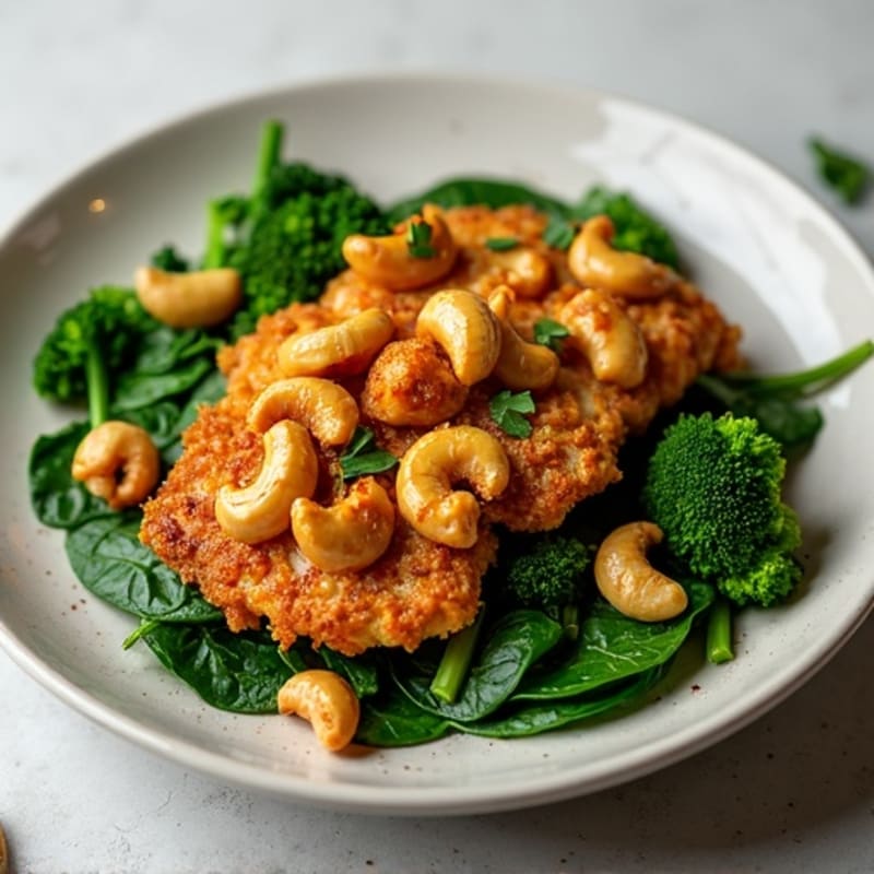 Crispy Cashew Chicken with Roasted Broccoli and Wilted Spinach