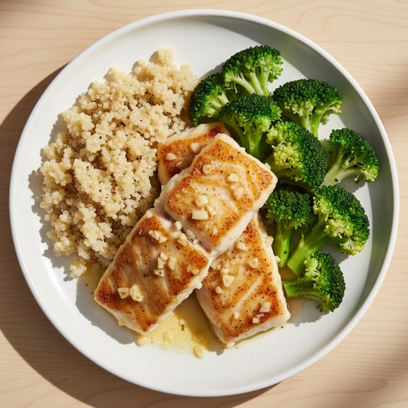 Seared Lemon Garlic Cod with Steamed Broccoli and Quinoa