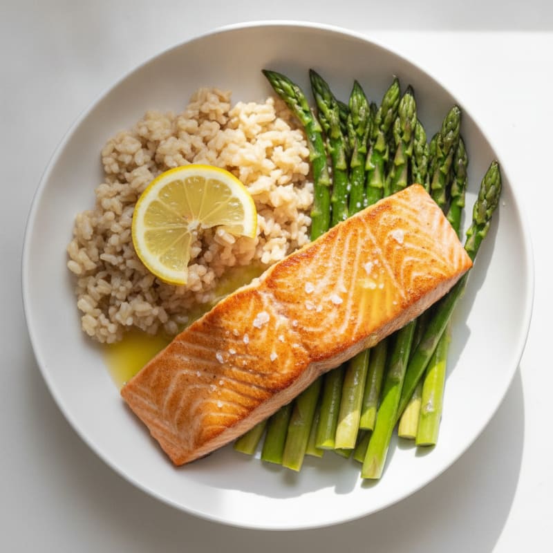 Seared Salmon Fillet with Steamed Asparagus and Brown Rice