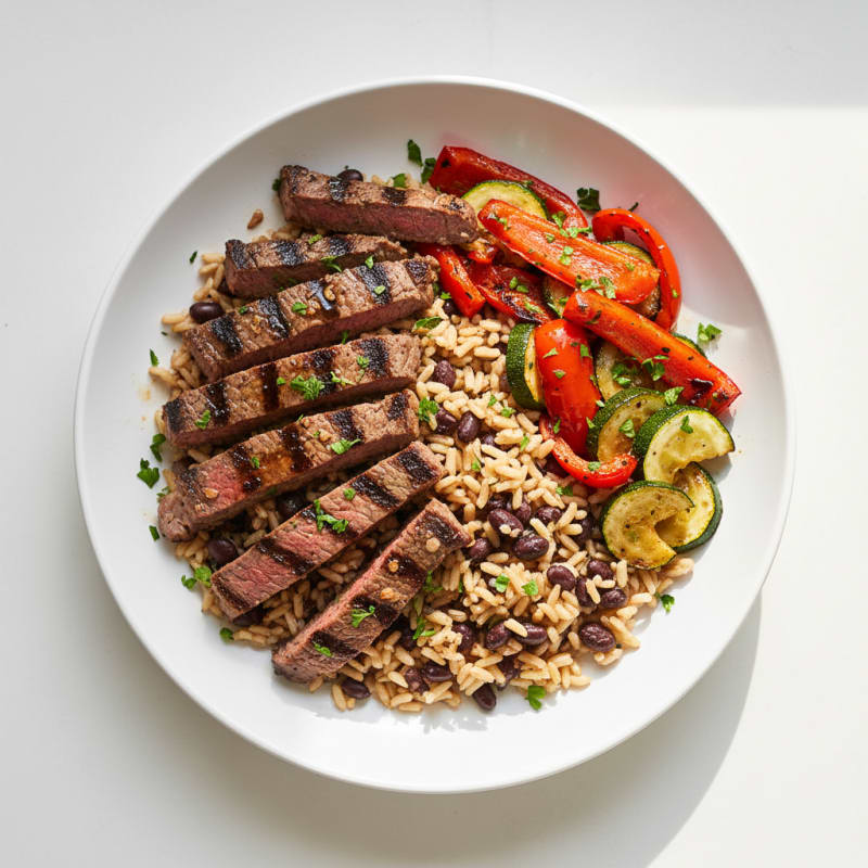 Grilled Beef Strips with Roasted Veggies and Brown Rice