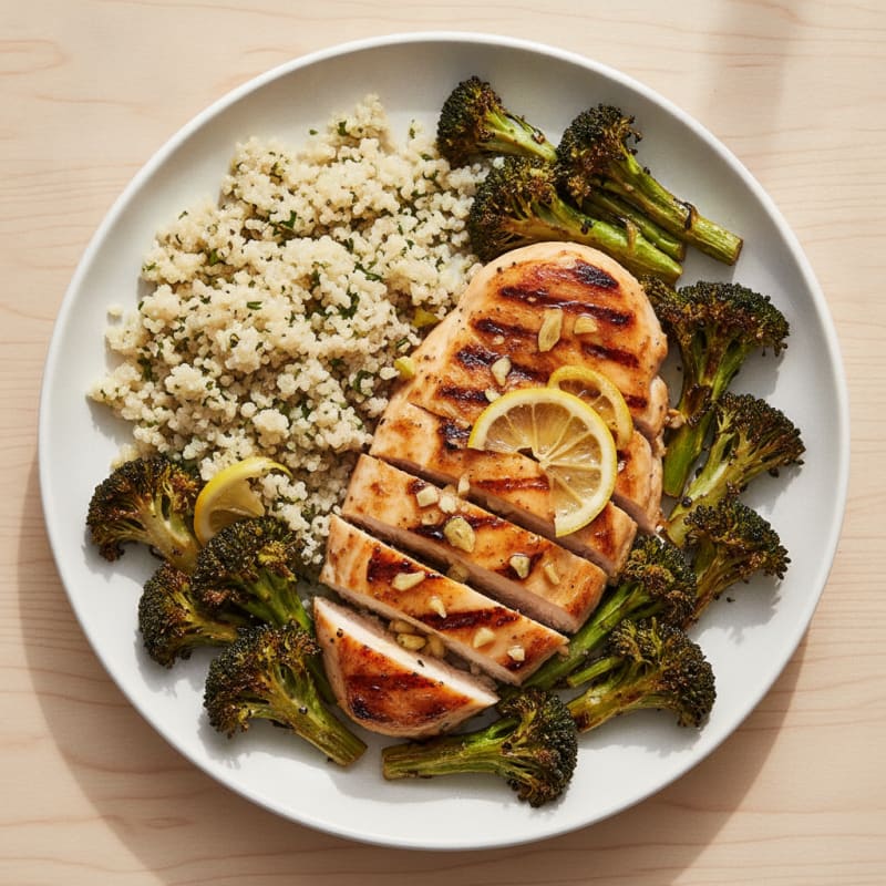 Grilled Lemon Chicken Breast with Quinoa and Roasted Broccoli