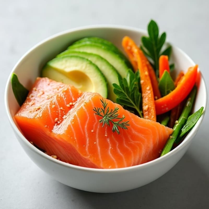 Fresh Raw Salmon with Creamy Avocado and Sesame Ginger Vegetables