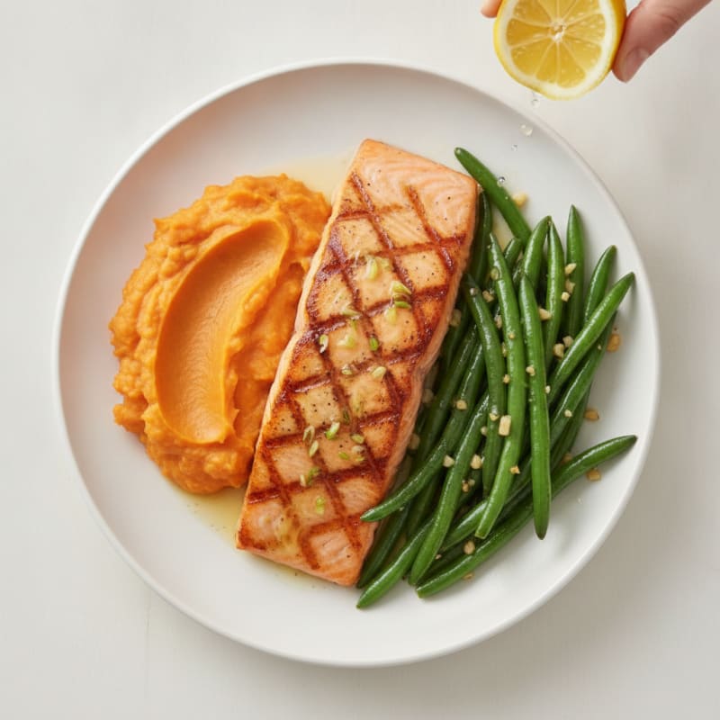 Seared Salmon Fillet with Garlic Green Beans and Sweet Potato Mash