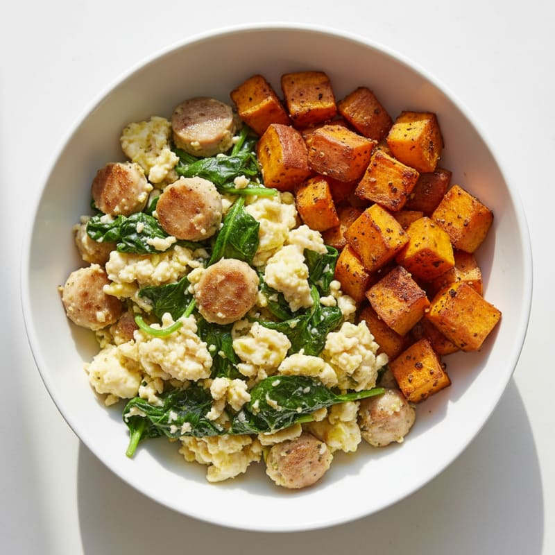 Egg White and Chicken Sausage Scramble with Spinach and Roasted Sweet Potatoes
