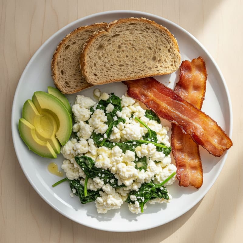 Cottage Cheese Egg White Scramble with Sautéed Spinach and Turkey Bacon