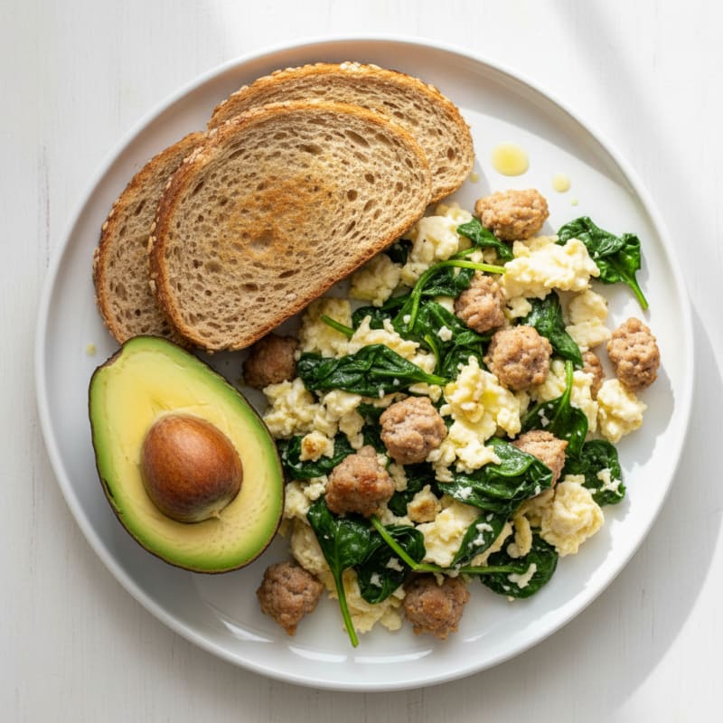 Egg White and Turkey Sausage Scramble with Sautéed Spinach