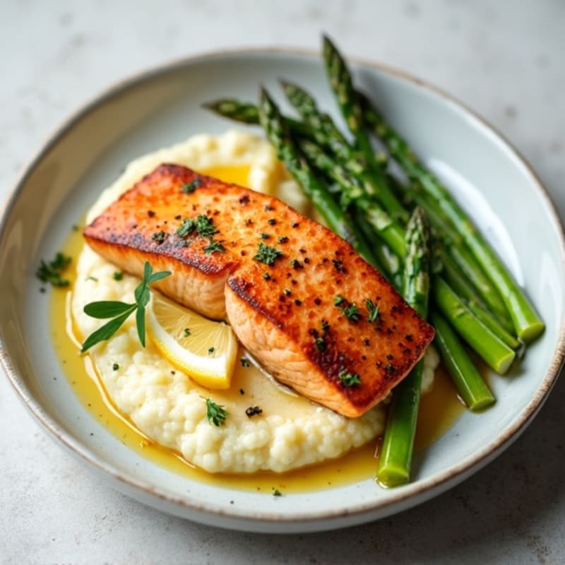 Seared Salmon with Steamed Asparagus and Cauliflower Mash