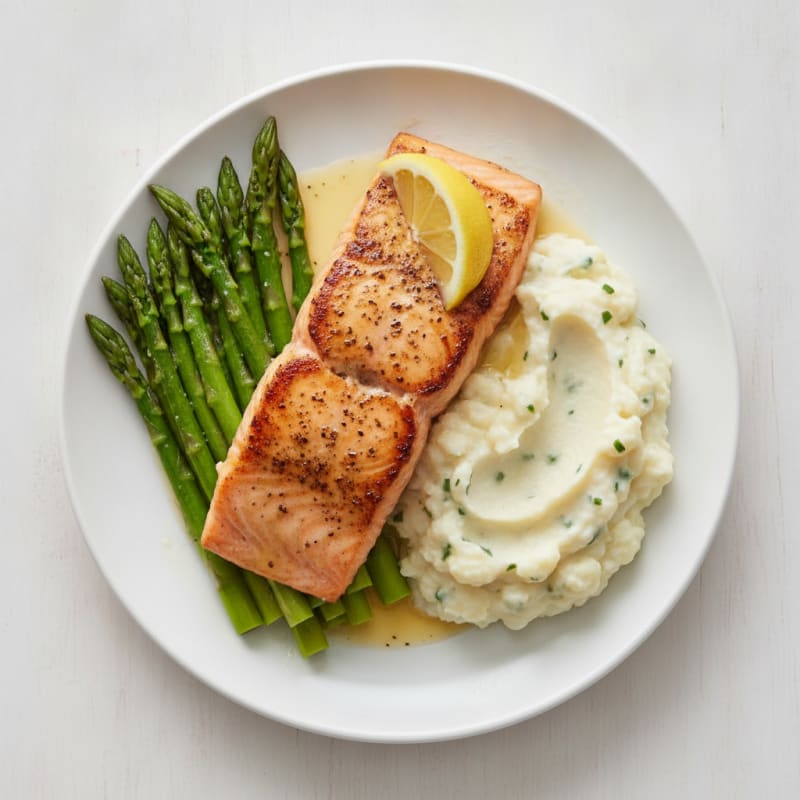 Seared Salmon Fillet with Steamed Asparagus and Garlic Mashed Cauliflower