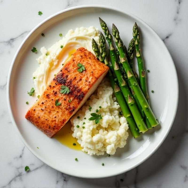 Seared Salmon Fillet with Steamed Asparagus and Garlic Cauliflower Mash
