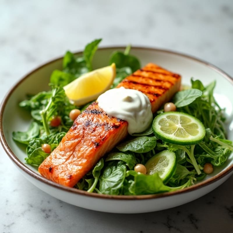 Grilled Salmon Salad with Crunchy Greens and Lemon Vinaigrette
