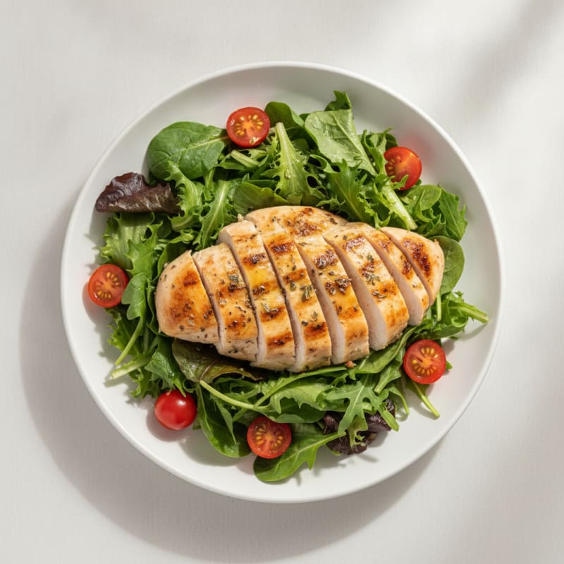 Grilled Chicken Breast over Mixed Greens with Cherry Tomatoes