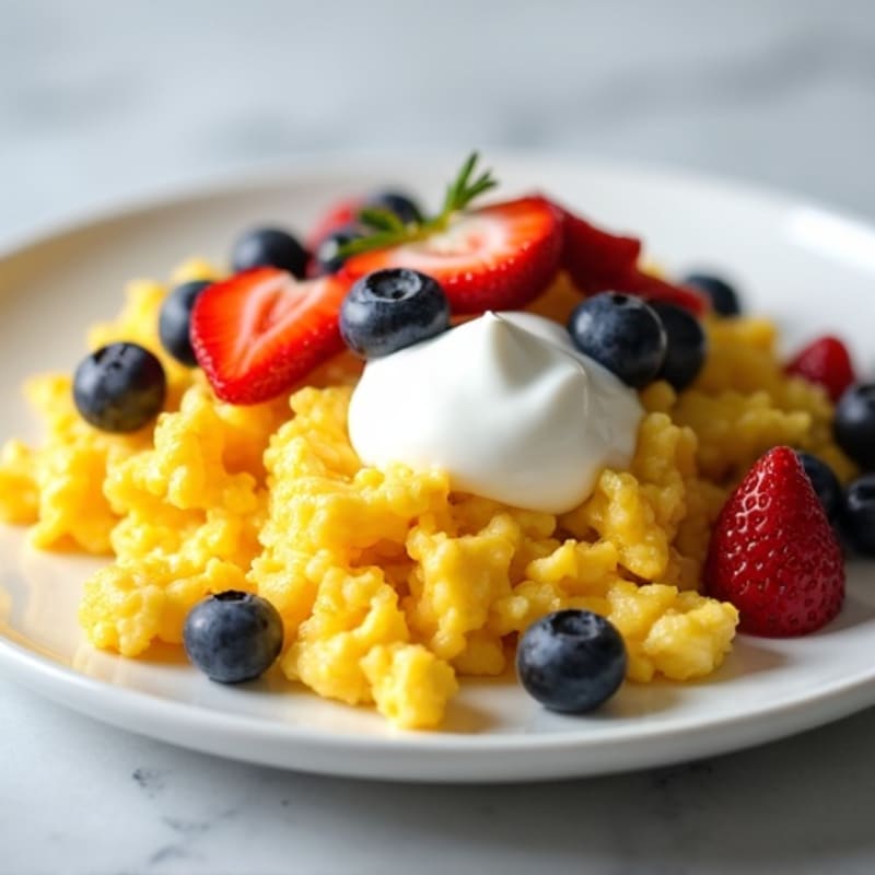 Fresh Scrambled Eggs with Creamy Greek Yogurt and Sweet Fruit Medley