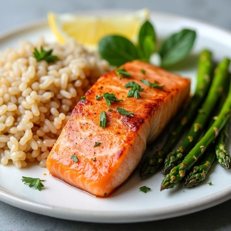 Seared Salmon Fillet with Steamed Asparagus and Brown Rice