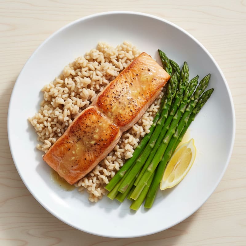 Seared Salmon Fillet with Steamed Asparagus and Brown Rice