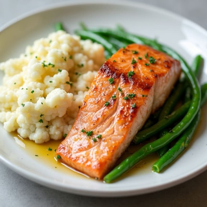 Seared Salmon with Steamed Green Beans and Garlic Mashed Cauliflower