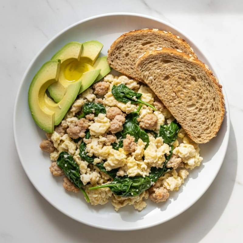 Scrambled Egg Whites with Turkey Sausage and Sautéed Spinach