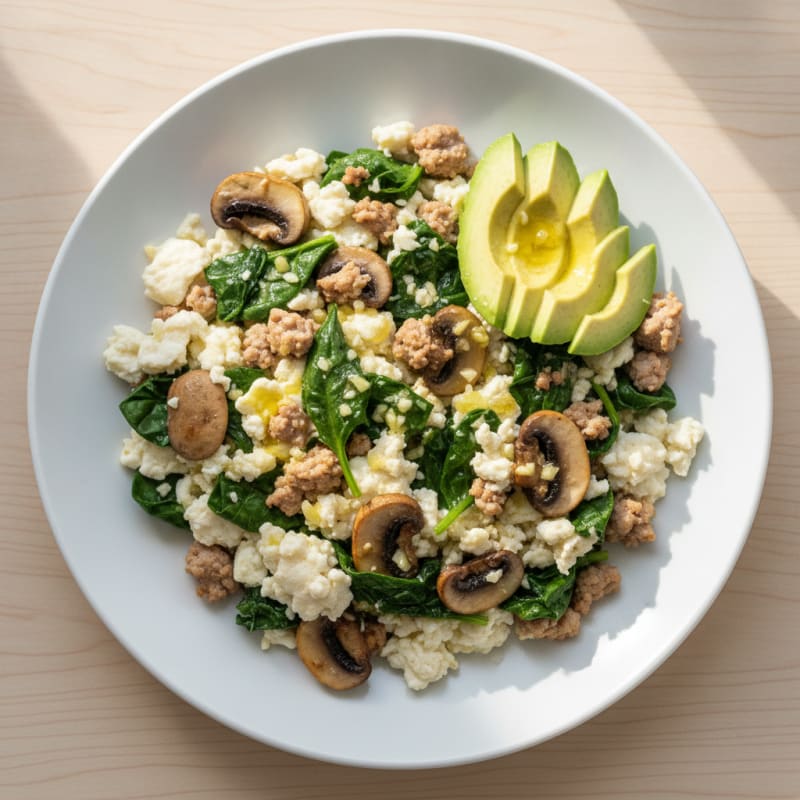 Egg White and Turkey Spinach Scramble with Sautéed Mushrooms