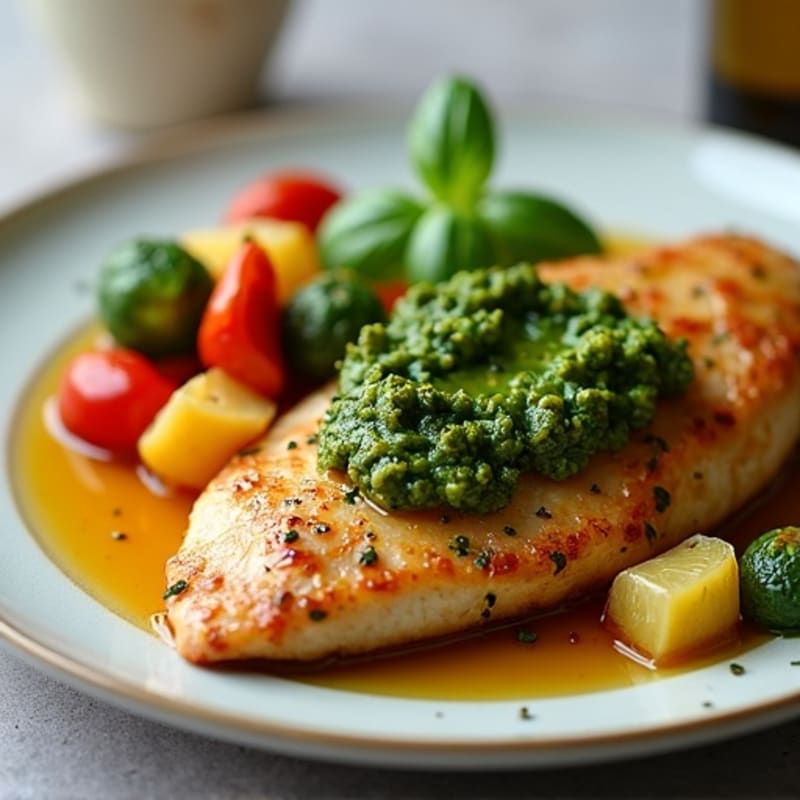 Pan-Seared Chicken with Fresh Pesto and Roasted Vegetables