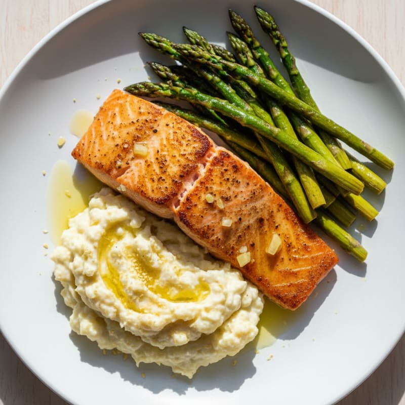Seared Salmon Fillet with Roasted Asparagus and Garlic Mashed Cauliflower