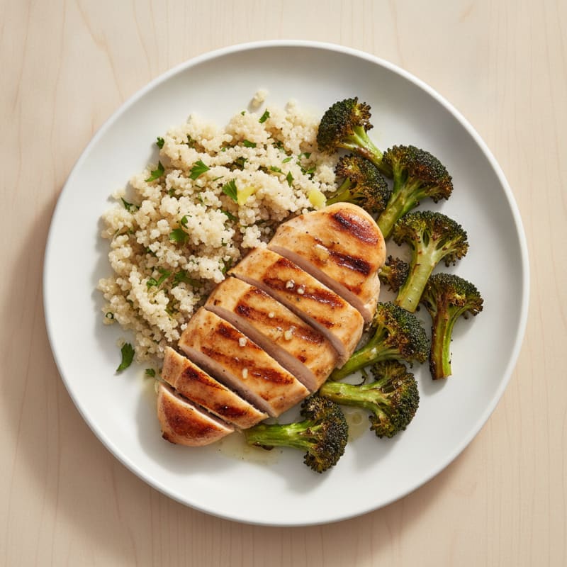 Grilled Lemon Garlic Chicken Breast with Quinoa and Roasted Broccoli