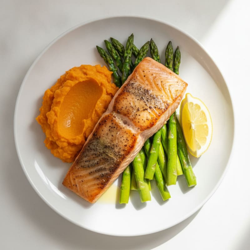 Seared Salmon Fillet with Roasted Asparagus and Sweet Potato Mash