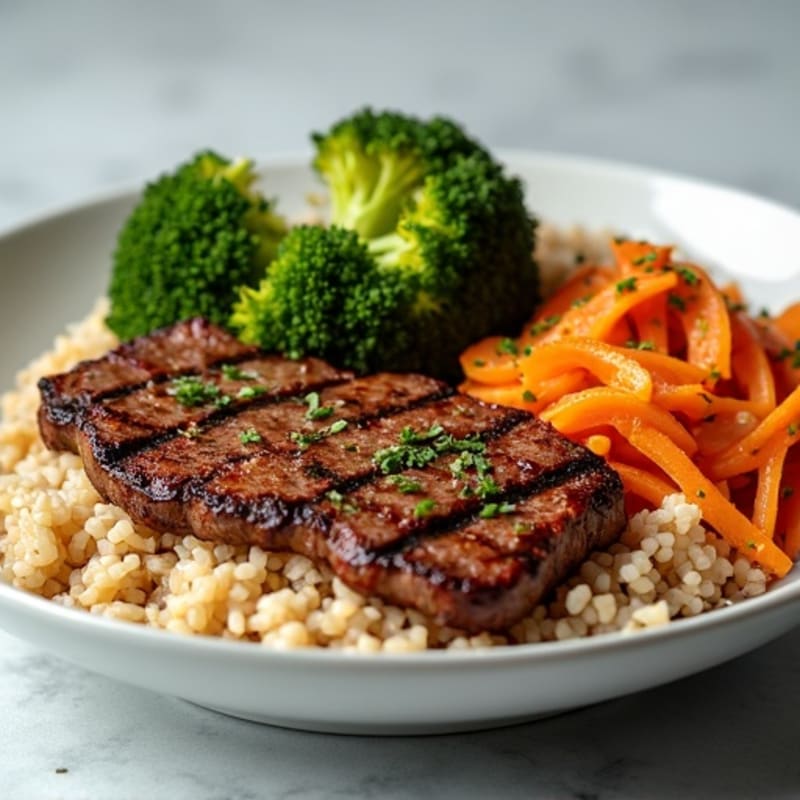 Skirt Steak with Crispy Roasted Broccoli, Fluffy Brown Rice, and Tangy Kimchi Slaw