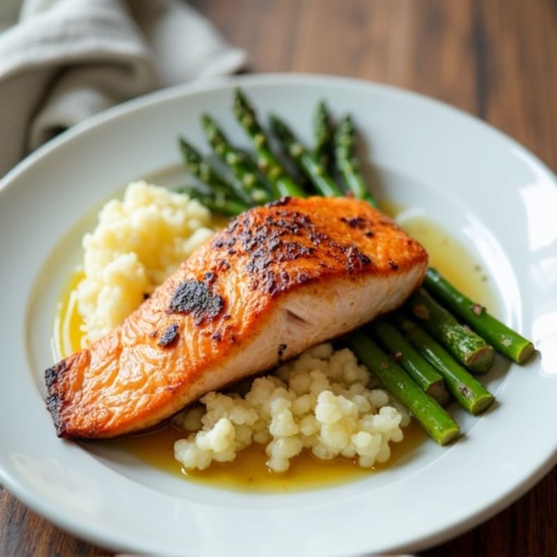 Seared Salmon with Roasted Asparagus and Cauliflower Mash