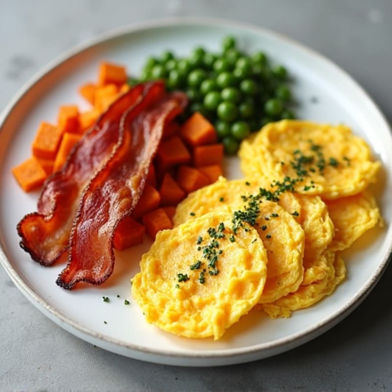 Scrambled Eggs with Turkey Bacon and Crispy Sweet Potato Hash