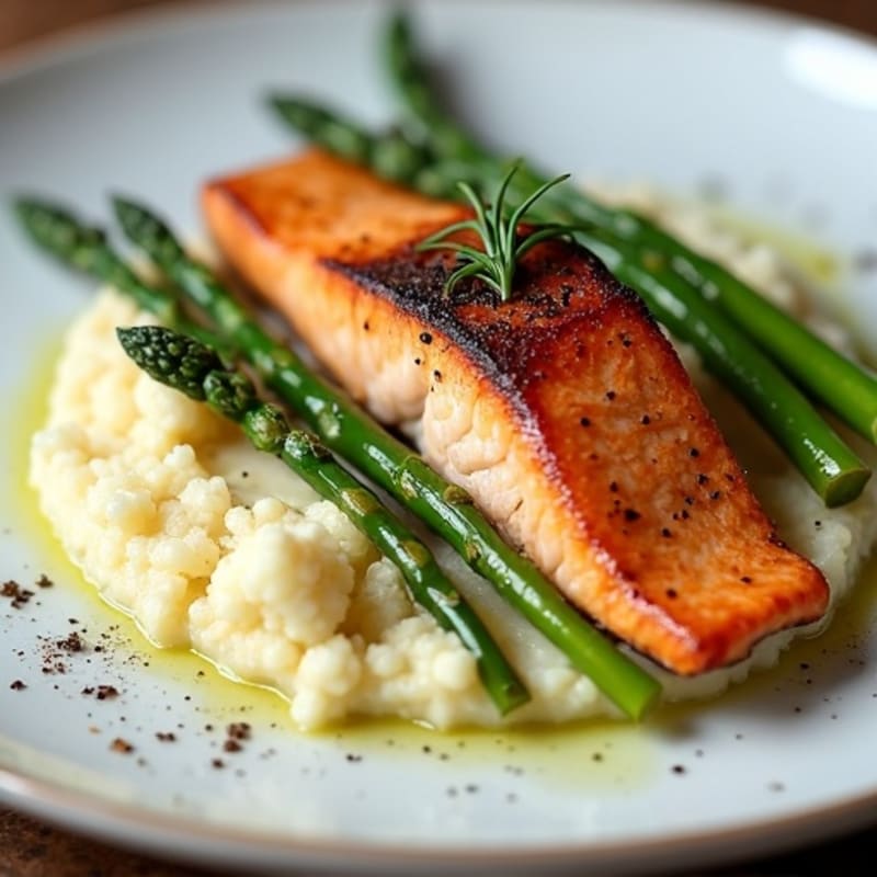 Seared Salmon with Steamed Asparagus and Cauliflower Mash