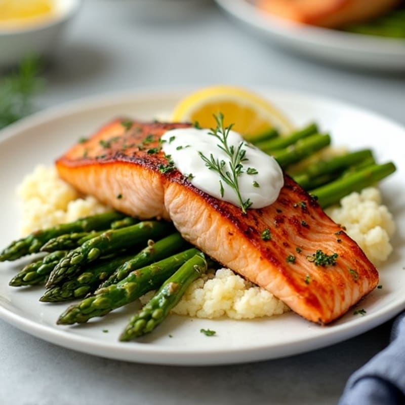 Seared Salmon Fillet with Steamed Asparagus and Cauliflower Mash