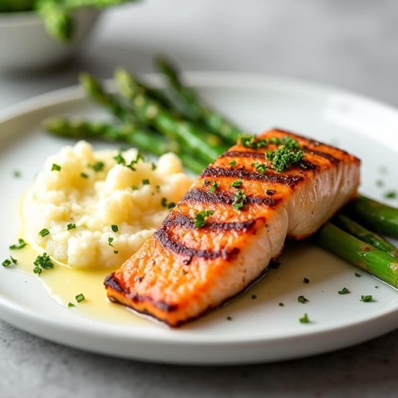 Seared Salmon with Steamed Asparagus and Cauliflower Mash