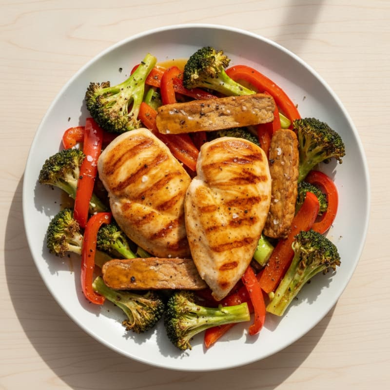 Pan-Seared Chicken and Tempeh with Roasted Vegetables