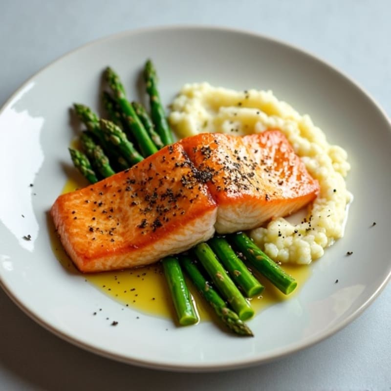 Seared Salmon with Steamed Asparagus and Cauliflower Mash