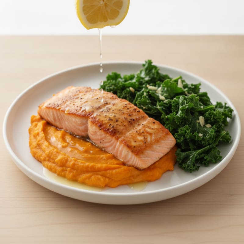 Seared Salmon with Sweet Potato Mash and Steamed Kale