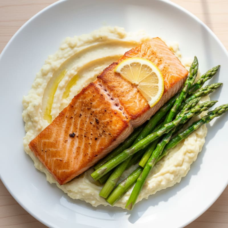 Seared Salmon with Steamed Asparagus and Cauliflower Mash
