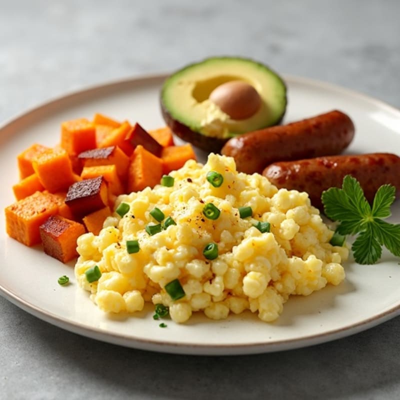 Egg White and Turkey Sausage Scramble with Roasted Sweet Potatoes