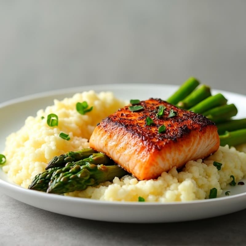 Seared Salmon with Steamed Asparagus and Cauliflower Mash