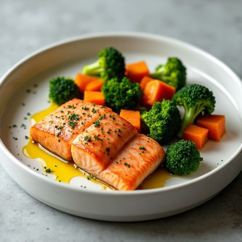 Seared Salmon with Roasted Sweet Potato and Steamed Broccoli