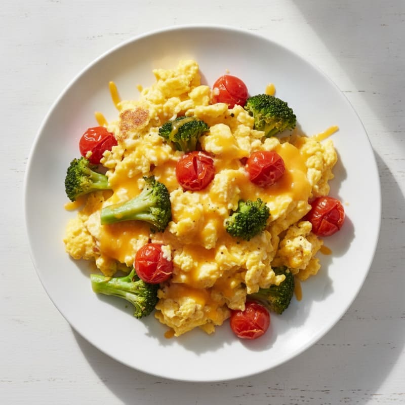Cheesy Scrambled Eggs with Sautéed Broccoli and Tomatoes