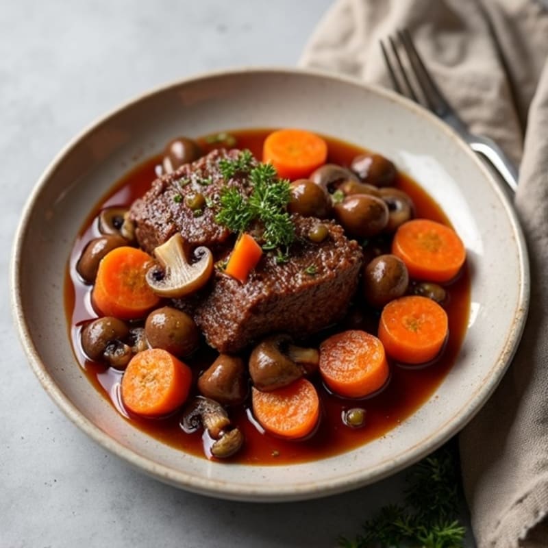Hearty Red Wine Braised Beef with Mushrooms and Carrots